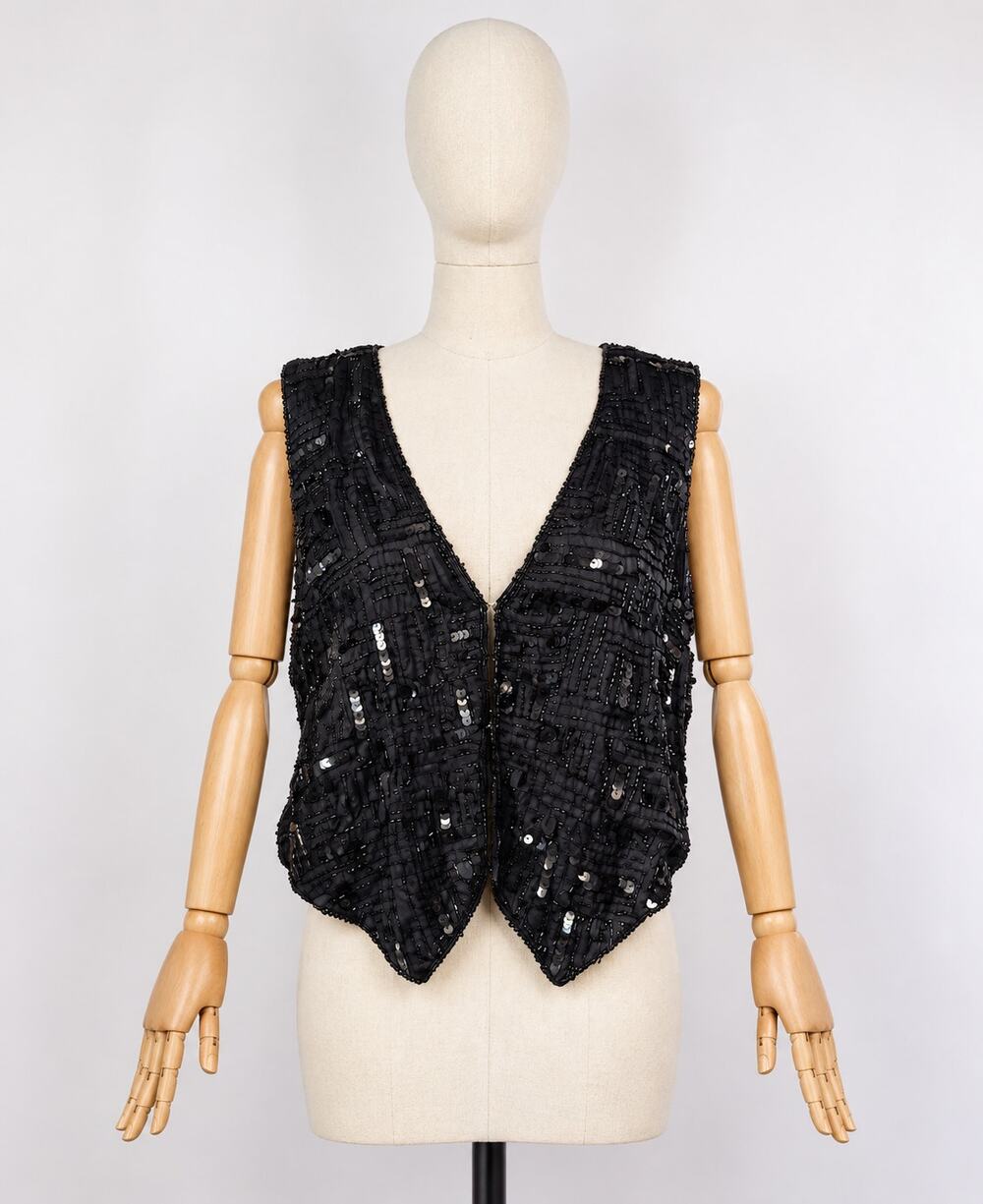 Vintage 90s Rachna New York Black Silk Beaded Sequin Vest Women's M